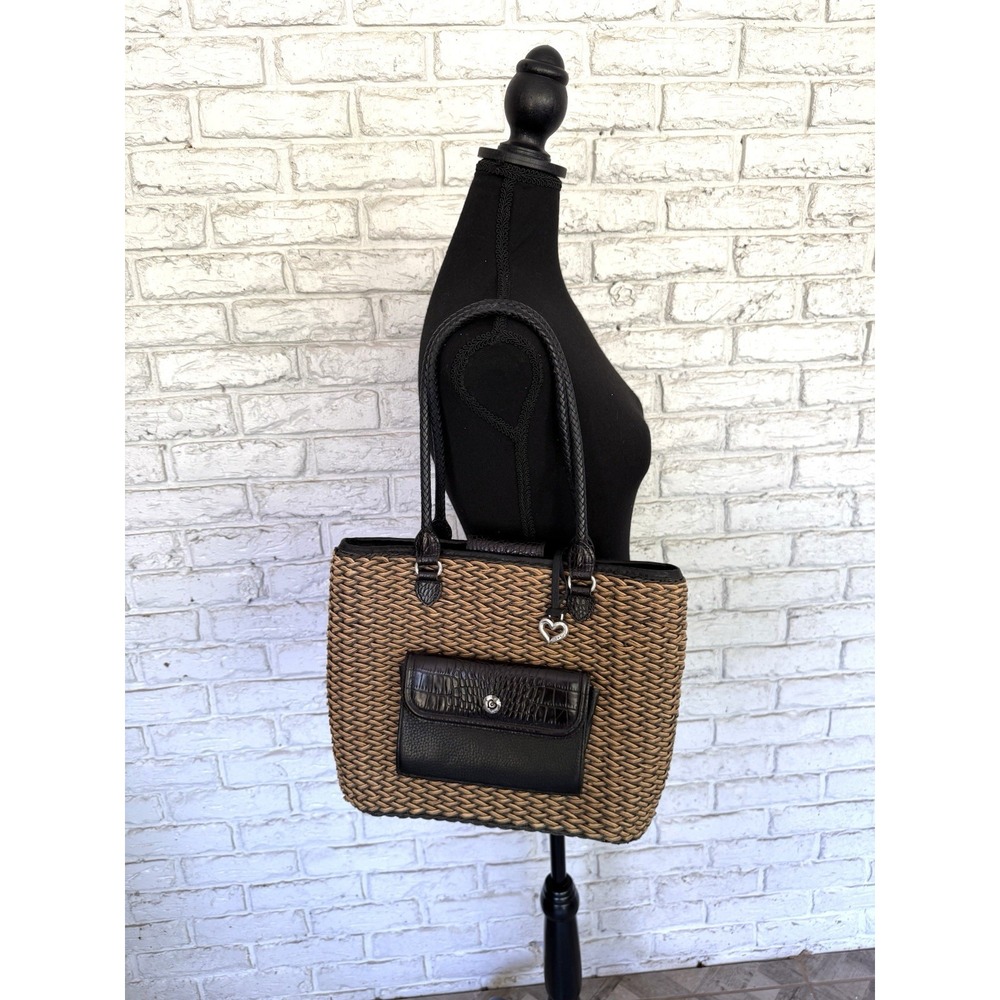 Vintage Brighton Straw & Leather Purse Tote Bag Woven Braided Straps-Tan Black - Picture 2 of 16